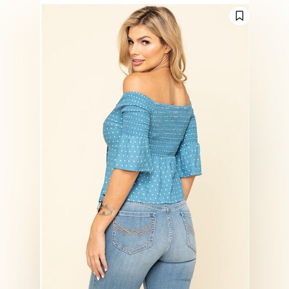 🍒 IDYLLWIND Dreamer Off the Shoulder Polka Dot Crop Top Western Belle Sleeve-XL - Picture 2 of 10